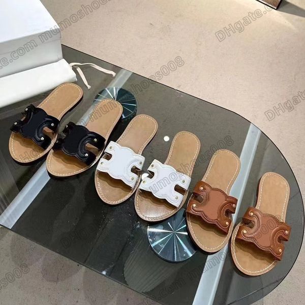 luxury sandals slippers designer women's triomphe mules cow leather summer beach durable slides genuine leather slippers with box, Black